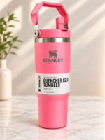 30 oz Stainless Steel Insulated Travel Tumbler with Flip Straw & Top Carry Handle – Pink Hot & Cold Water Bottle