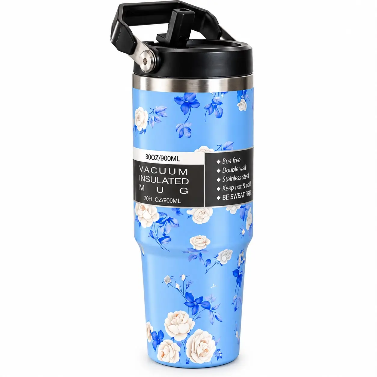 1 (1) 30 oz Floral Stainless Steel Vacuum Insulated Tumbler with Handle Lid & Flip Straw – Sweat-Free Hot & Cold Travel Mug (900 ml) - Image 1