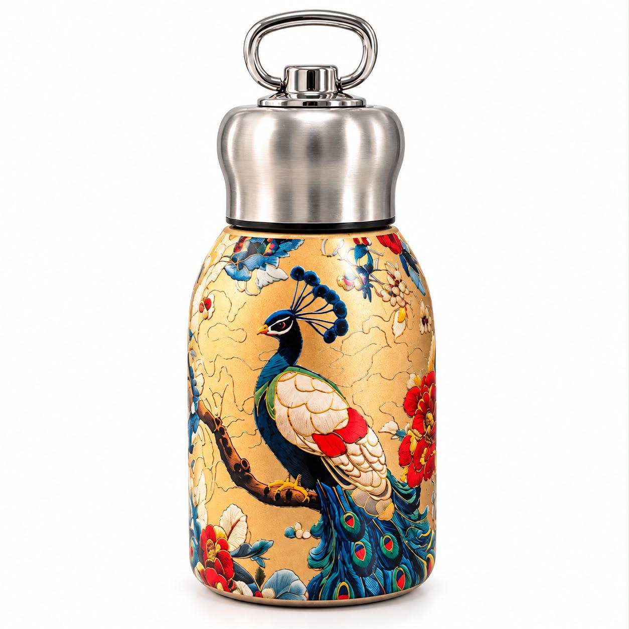 1 Mini Peacock Printed Stainless Steel Insulated Water Bottle – Small Hot & Cold Flask with Ring Handle Cap - Image 1