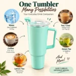 Mint Green Insulated Travel Tumbler with Handle & Straw Lid – Hot & Cold Coffee Mug & Water Tumbler - Image 3
