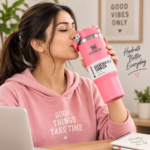 30 oz Stainless Steel Insulated Travel Tumbler with Flip Straw & Top Carry Handle – Pink Hot & Cold Water Bottle - Image 4