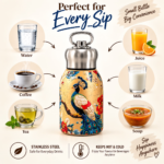 Mini Peacock Printed Stainless Steel Insulated Water Bottle – Small Hot & Cold Flask with Ring Handle Cap - Image 3